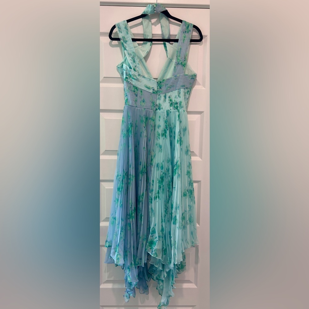 THEIA Pleated Chiffon Dress Blue Green Watercolor Halter Midi 4 Wedding Guest - Picture 12 of 15
